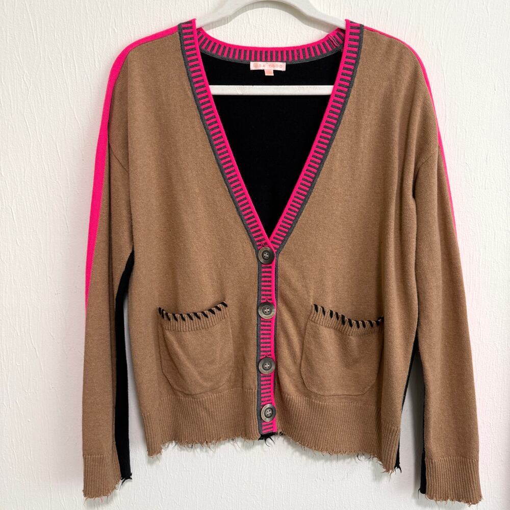 Lisa Todd Sweater Cardigan M Tan Black Pink Colorblock Cashmere Blend Preppy